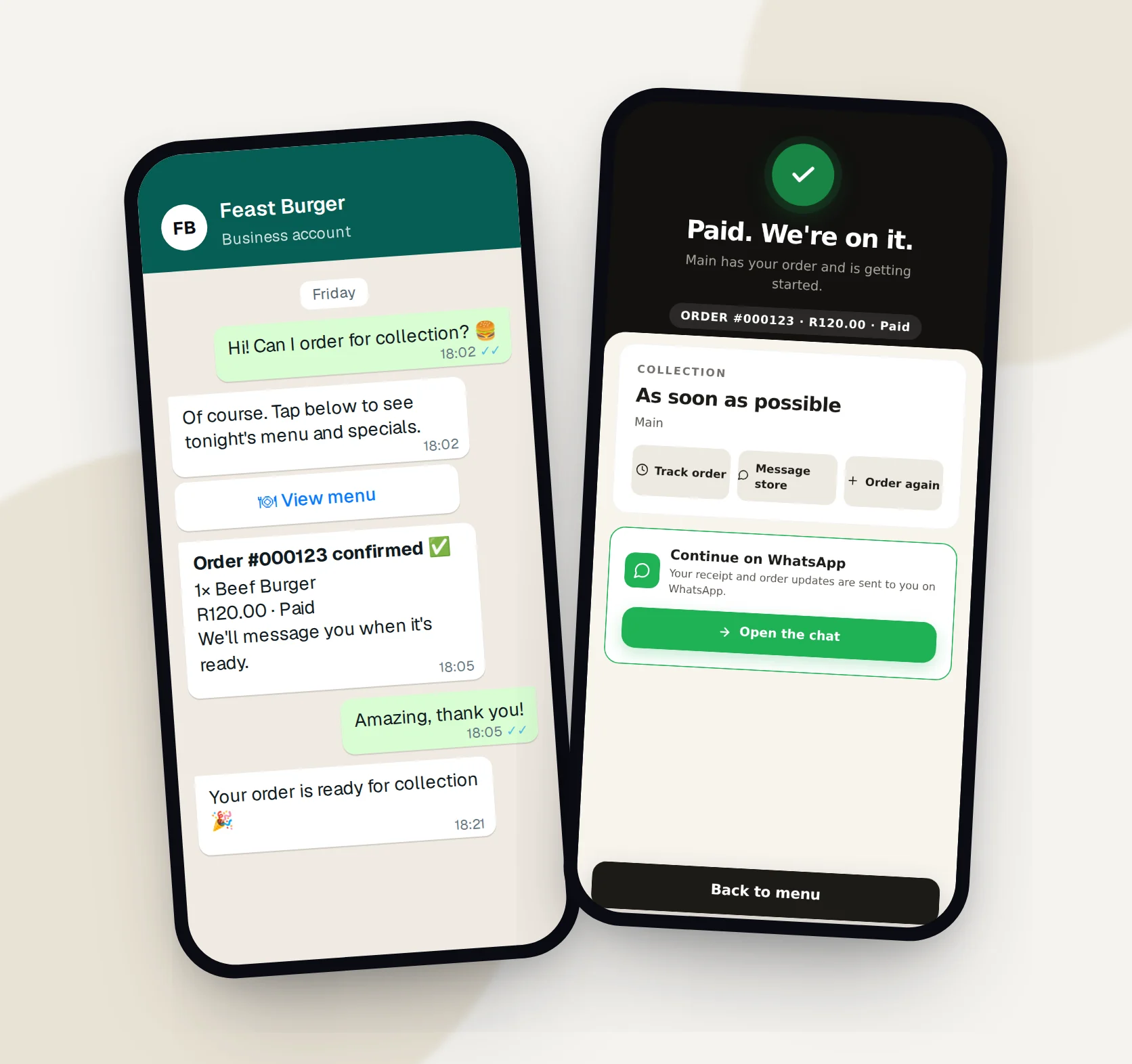 A restaurant order placed and paid for in a WhatsApp chat, beside Keychat's order confirmation screen